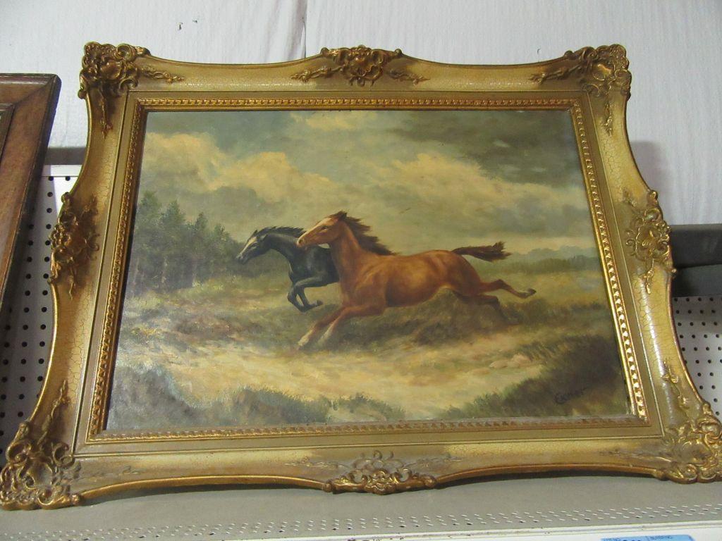 GOLD FRAMED RUNNING STALLIONS OIL ON CANVAS BY EXNER. FRAME HAS SOME CHIPS