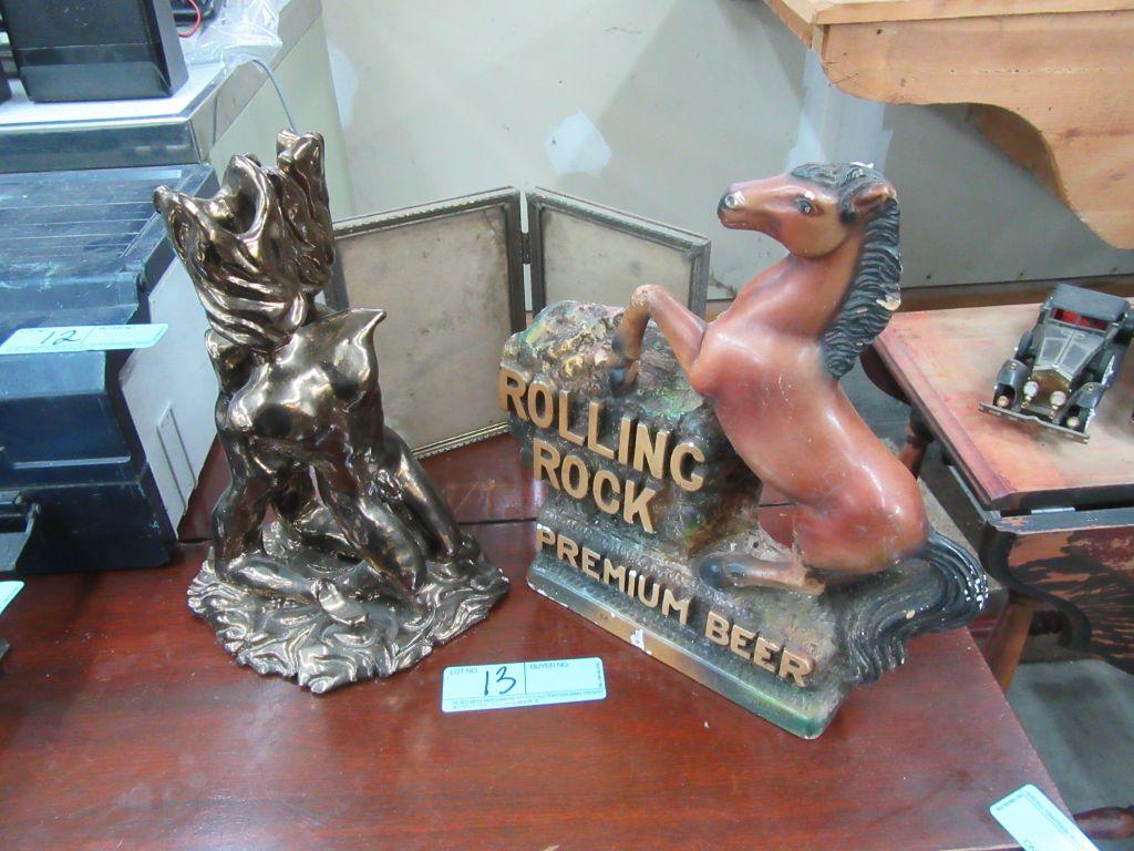 ROLLING ROCK PREMIUM BEER SIGN BROKEN, VASE, AND PICTURE FRAME