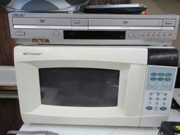 SONY DVD/VHS PLAYER, EMERSON MICROWAVE, AND SMALL BOOMBOX CD PLAYER