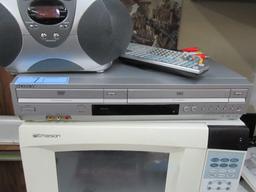 SONY DVD/VHS PLAYER, EMERSON MICROWAVE, AND SMALL BOOMBOX CD PLAYER