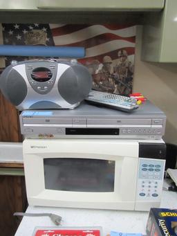 SONY DVD/VHS PLAYER, EMERSON MICROWAVE, AND SMALL BOOMBOX CD PLAYER