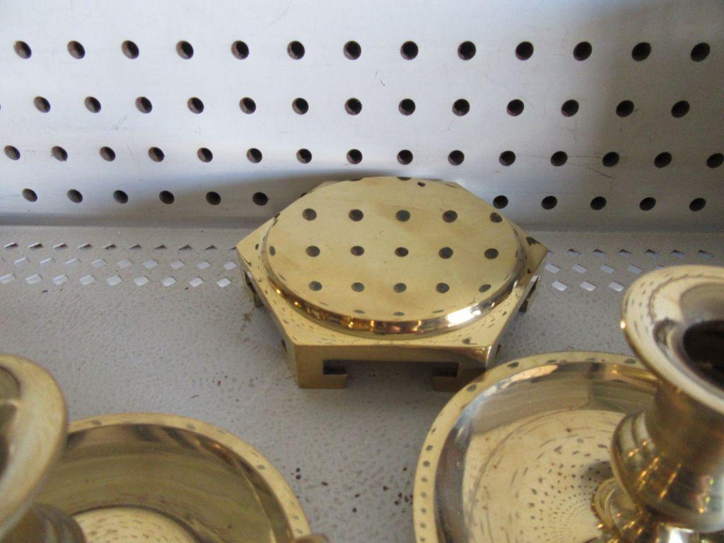 BRASS CANDLESTICK HOLDERS, DISPLAY STAND, AND PITCHER