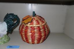 CERAMIC CHICKEN TEAPOT AND WOVEN PUMPKIN BASKET