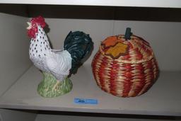 CERAMIC CHICKEN TEAPOT AND WOVEN PUMPKIN BASKET