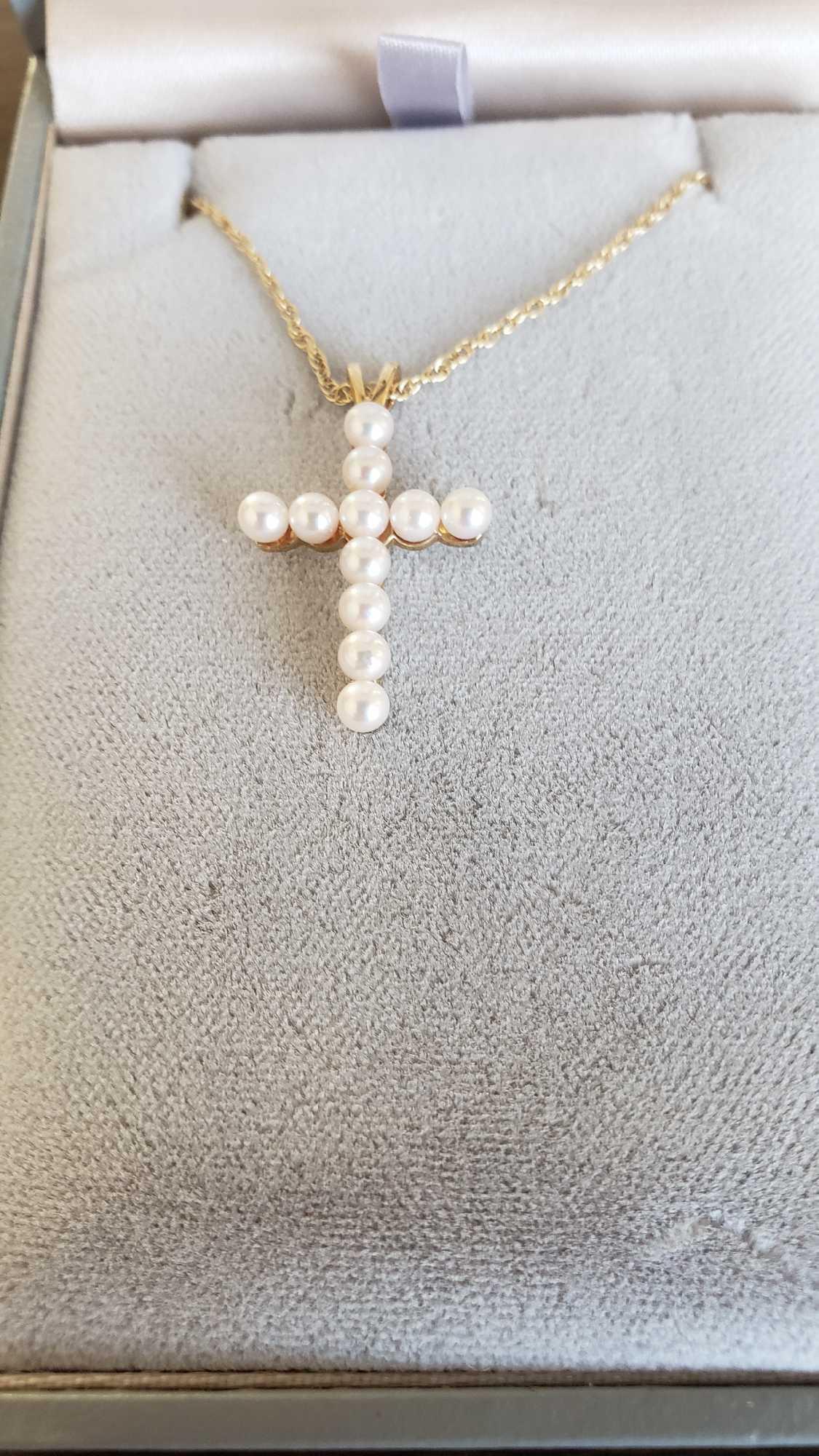 14k pearl cross on 14k necklace