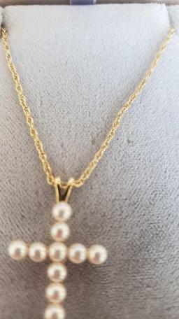 14k pearl cross on 14k necklace