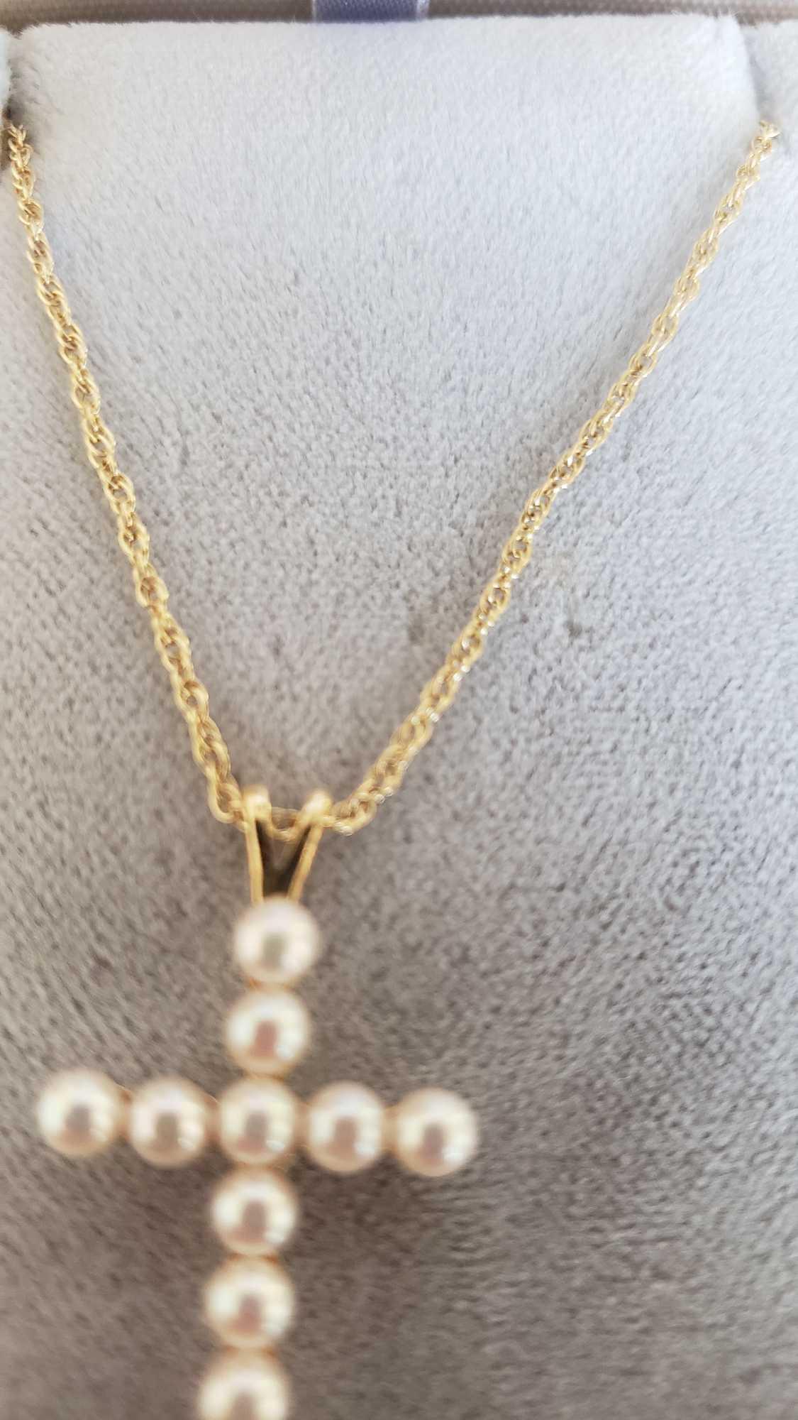 14k pearl cross on 14k necklace