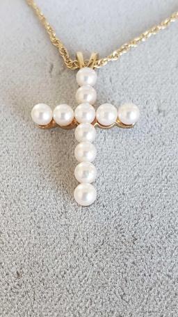 14k pearl cross on 14k necklace