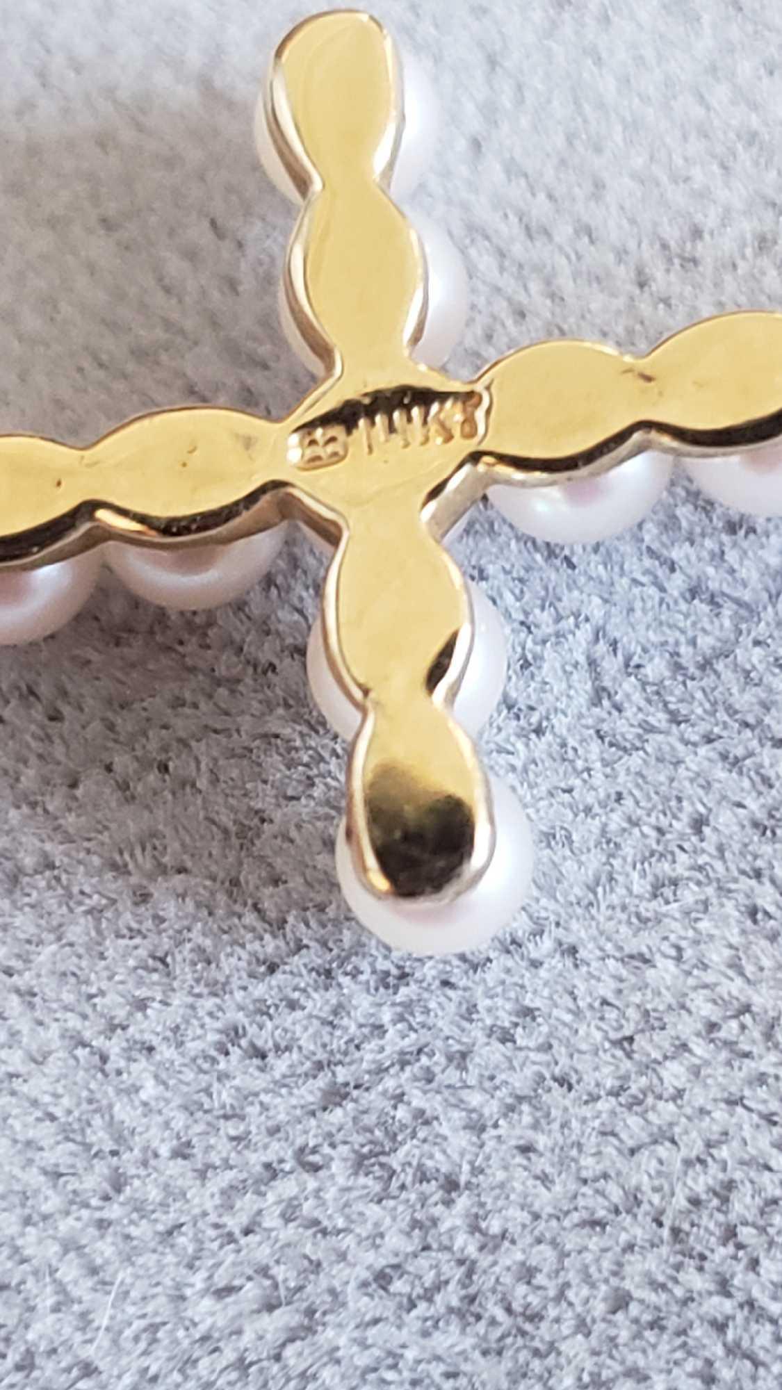 14k pearl cross on 14k necklace