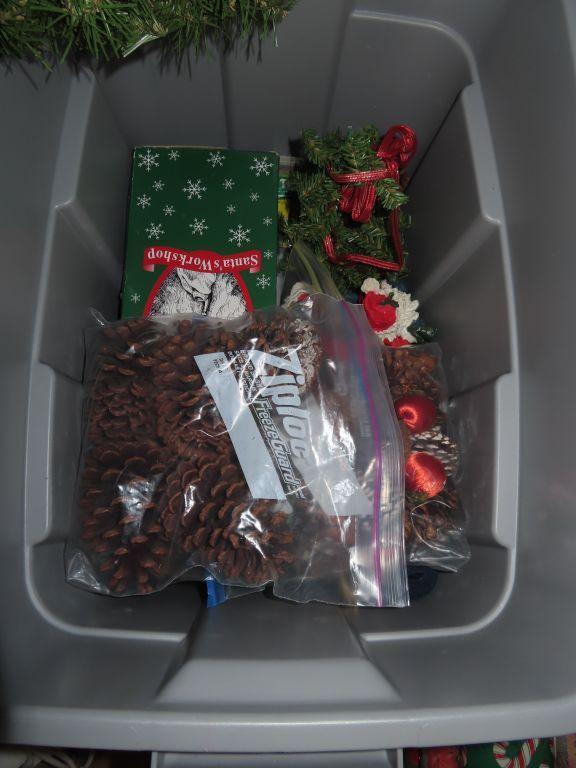 Christmas decorations in three totes with lids