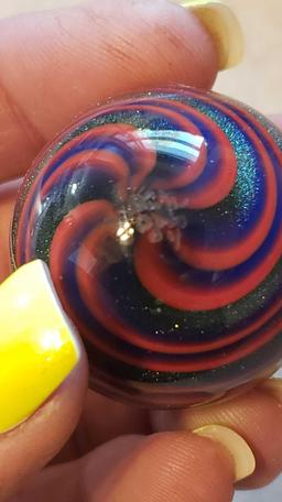 red and blue swirl with glitter marble signed Rick Davis, almost 1.5 in