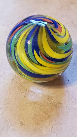 handmade yellow, green, blue, and orange swirl marble signed FES 01. 1-3/4 in