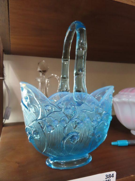 Fenton blue floral glass basket