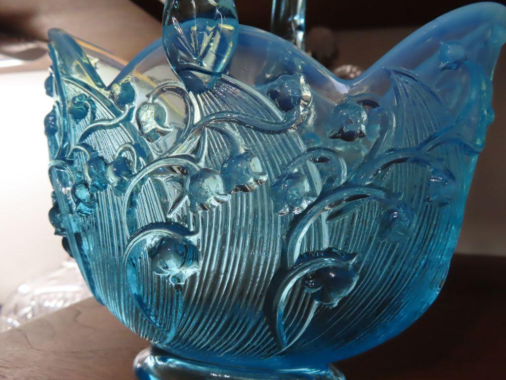 Fenton blue floral glass basket