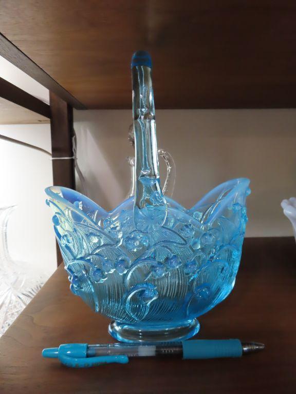 Fenton blue floral glass basket