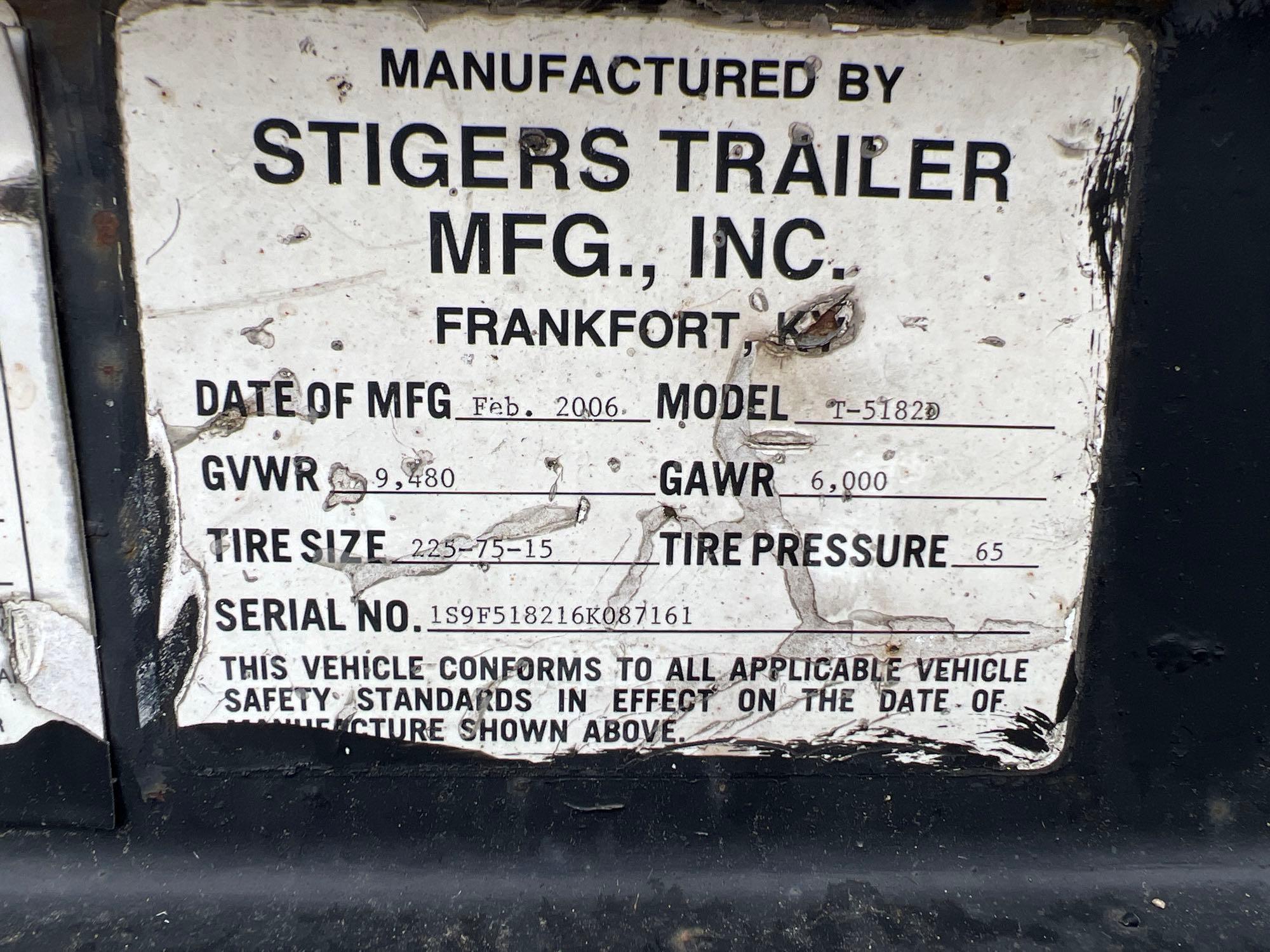 Stigers utility trailer. February 2006. serial number 1S9F518216K087161.