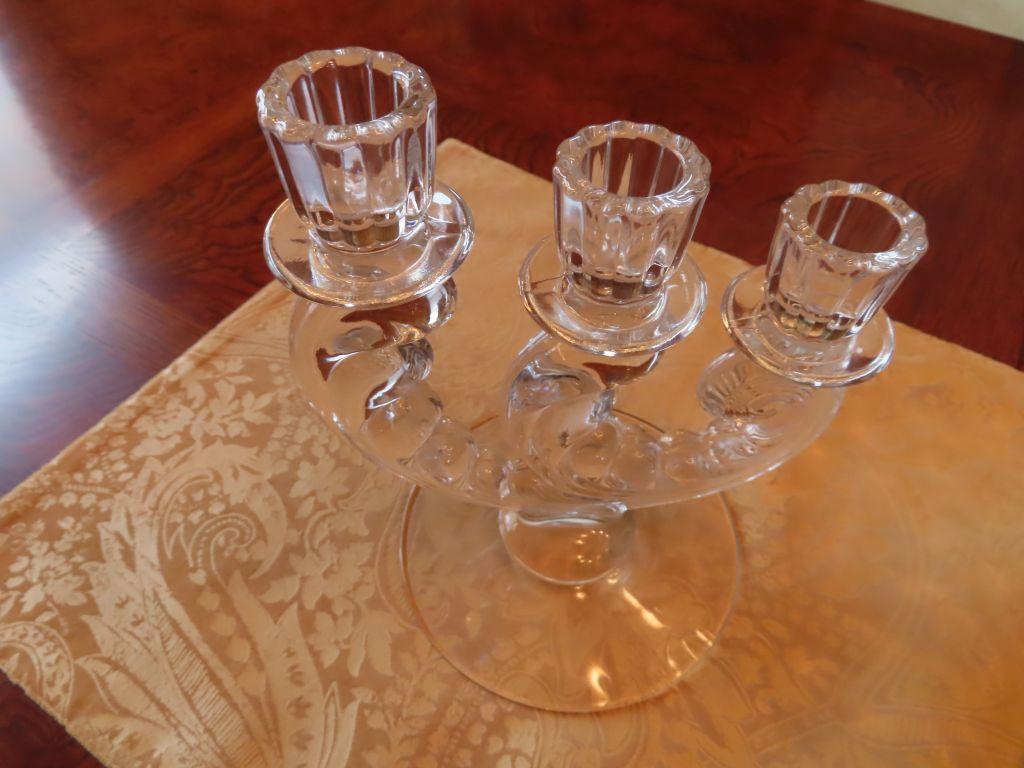 glass centerpiece set including candy dish and candelabras