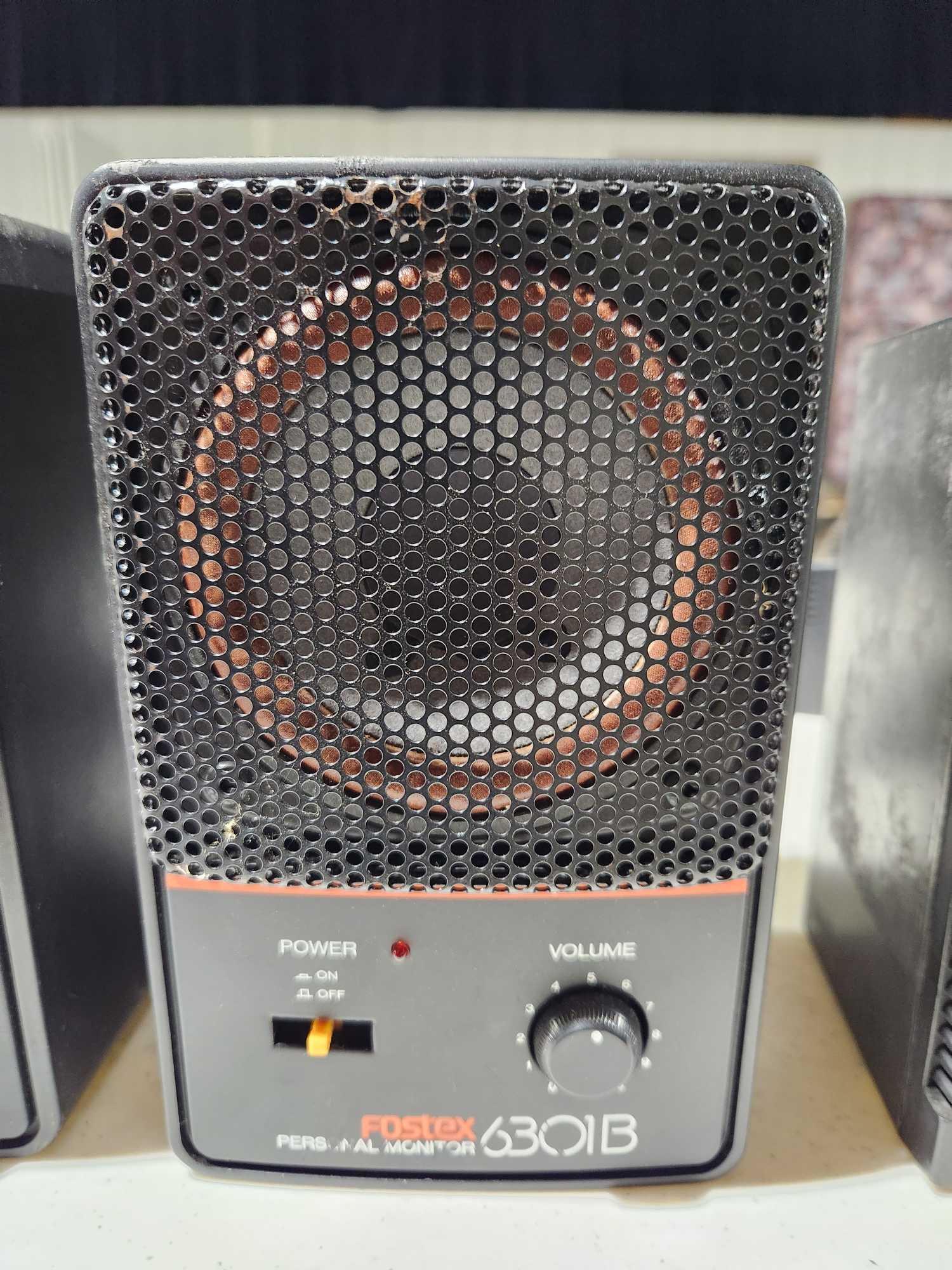 Realistic amplified speaker and Fostex model 6301B personal monitor speakers