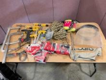 FOUR DEWALT CLAMPS, ROPES, CASTERS, AND OTHER CLAMPS
