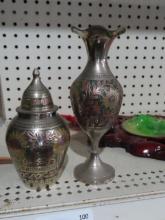 Small decorative metal jardiniere...and vase