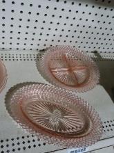 Pink depression glass divided plate and celery dish