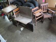 Lot of two student desks, high chair, mission style rocker, and nautical prints
