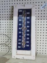 Antique porcelain on metal thermometer with wood frame