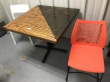 PEDESTAL TABLE, CHAIRS, WIRE RACK