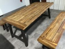 PLASTIC/METAL PICNIC TABLE AND TWO BENCHES, 35-1/2" X 71"