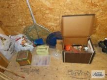 Fishing net, bait box, decorative boxes and assorted fishing items