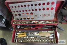 VINTAGE METAL TOOL BOX WITH PLUM SOCKETS, ASSORTED SCREWDRIVERS, WRENCHES AND OTHER TOOLS