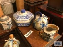 LOT OF ORIENTAL COVERED DISHES AND CREAMER