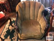 ANTIQUE GREEN CHAIR WITH WOODEN CARVED FRAME