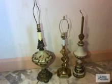 ONE MODERN BRASS TABLE LAMP AND TWO VINTAGE LAMPS