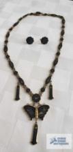 Vintage black stone Oriental design butterfly necklace and earrings set 32 G