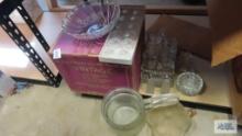 Assorted glassware including punch bowl set. Luncheon set. Covered bowl.