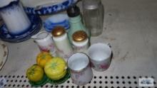Vintage salt and pepper condiment set, creamers, vintage salt shaker and hand-painted salt and