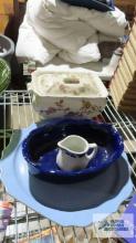 Blue stoneware baking dish, blue floral cake plate by Cameo Ware,...Shenango China creamer, and flor