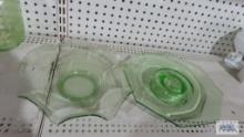 Green depression glass cake plate and bowl