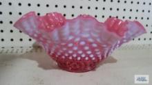 Cranberry glass hobnail frosted bowl