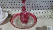 Cranberry glass vase and bowl