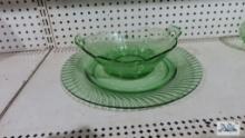 Green depression glass bowl and platter