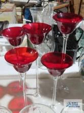 Cranberry and clear glass candle holders