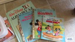 Mickey Mouse Disney books and tin basket