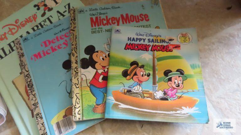 Mickey Mouse Disney books and tin basket