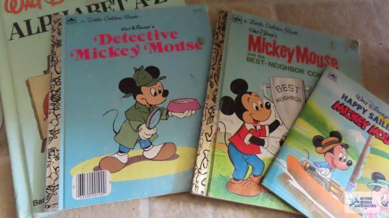 Mickey Mouse Disney books and tin basket