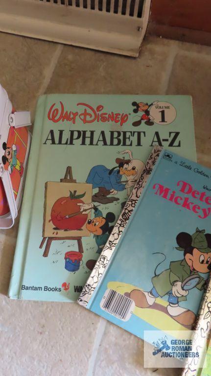 Mickey Mouse Disney books and tin basket