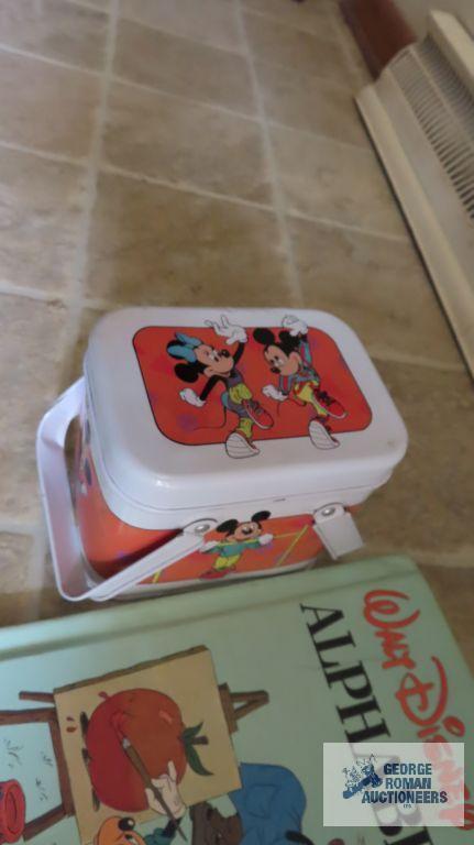 Mickey Mouse Disney books and tin basket