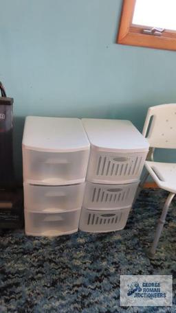 home health care chair and two plastic storage cabinets