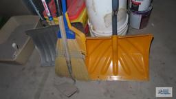 snow shovels, buckets, broom and hoe